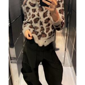 Zara Faux Fur Animal Print Jacquard Knit Cardigan Sweater Women’s Size S